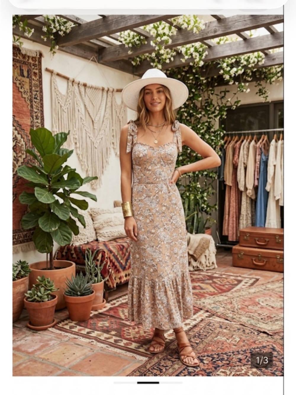 AUW Tan Floral Tie-Shoulder Maxi Dress boho style ptp 17